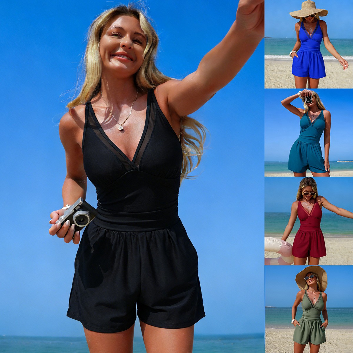 Swimsuit Bikini Ruched - Maiô Preto de Cor Sólida Sem