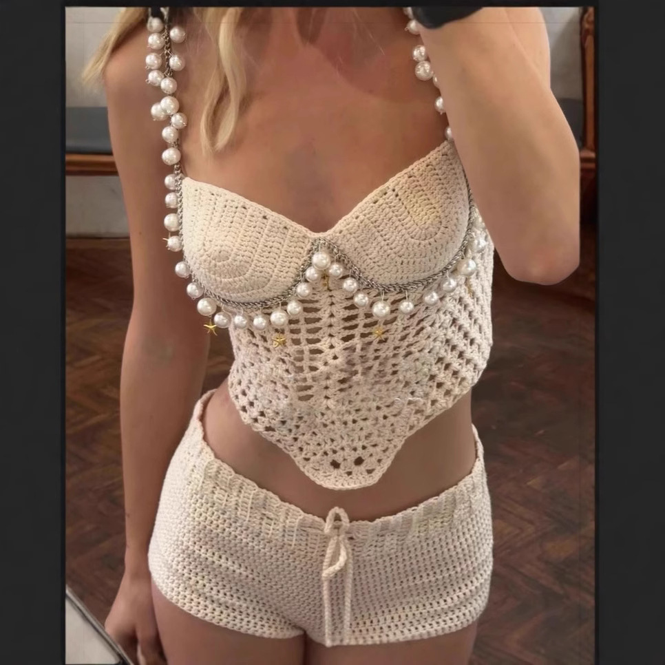 Sexy beading crochê colheita c - Crop Top Crochet avaliação e preço